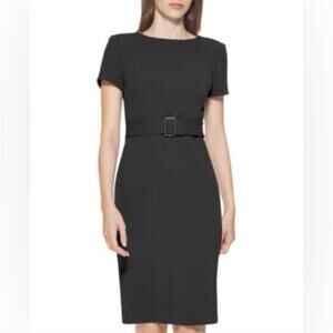 Calvin Klein Black Scuba Sheath Dress Size 4 Belted Stretch Career